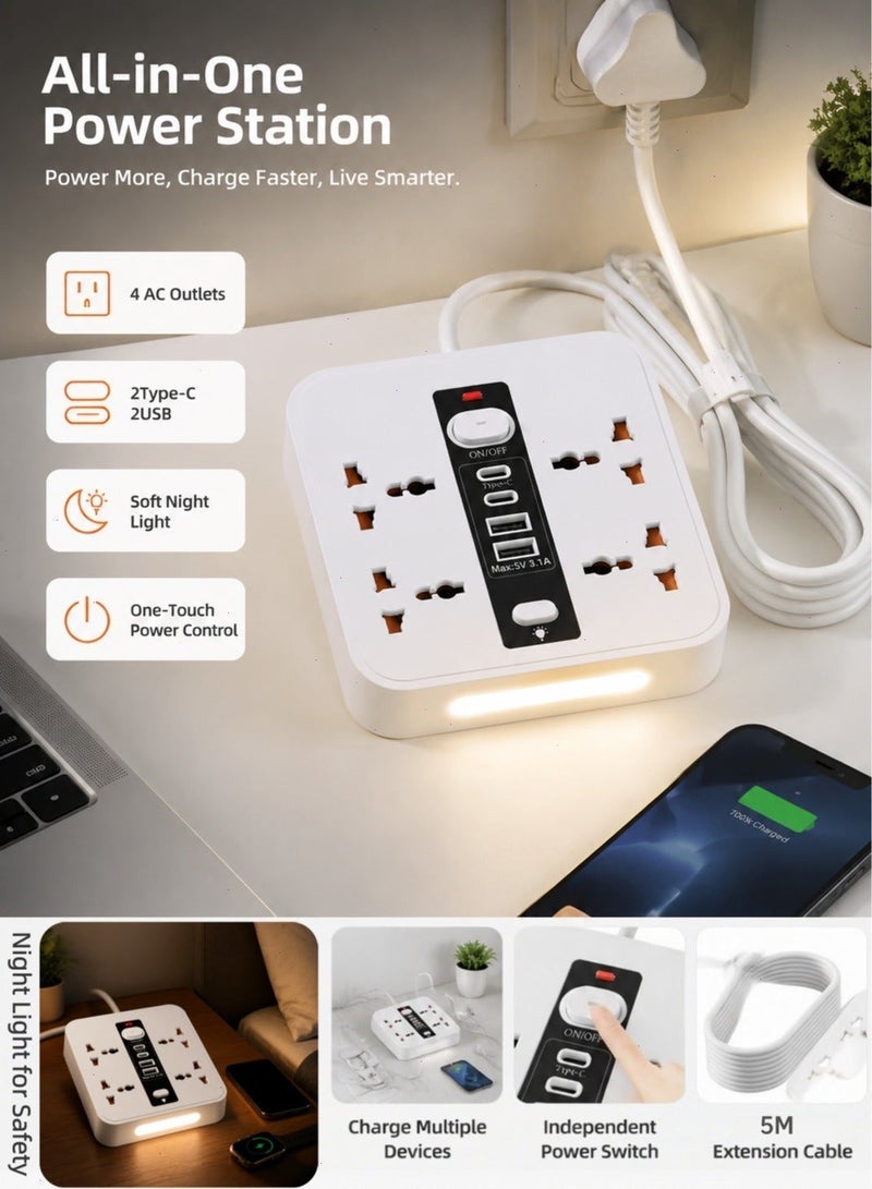 Multi-Functional Power Extension 5 Meter & Power Socket Extension Wire, 2500W Power Strip Electric Board & Switch Board with 4 AC Outlets & 4 USB Fast Charging Ports (2 Type-C + 2 USB-A), Desktop Extension Lead with LED Night Light - Image 2