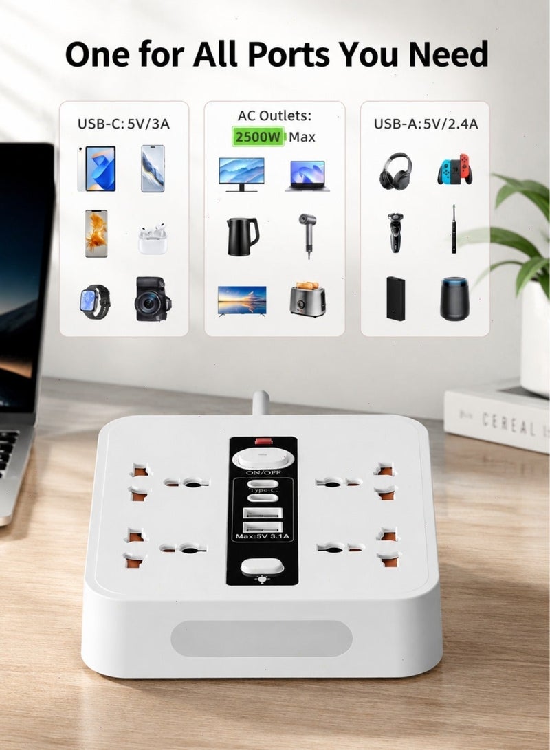 Multi-Functional Power Extension 5 Meter & Power Socket Extension Wire, 2500W Power Strip Electric Board & Switch Board with 4 AC Outlets & 4 USB Fast Charging Ports (2 Type-C + 2 USB-A), Desktop Extension Lead with LED Night Light - Image 4