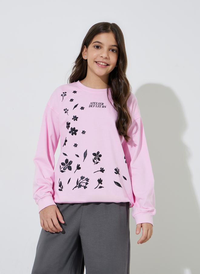 Styli Teen Girls Pink Graphic Print Sweatshirt and Grey Wide Leg Joggers Set - Image 2