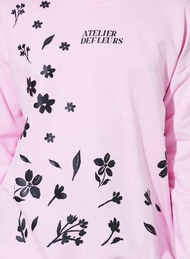 Styli Teen Girls Pink Graphic Print Sweatshirt and Grey Wide Leg Joggers Set - Image 3