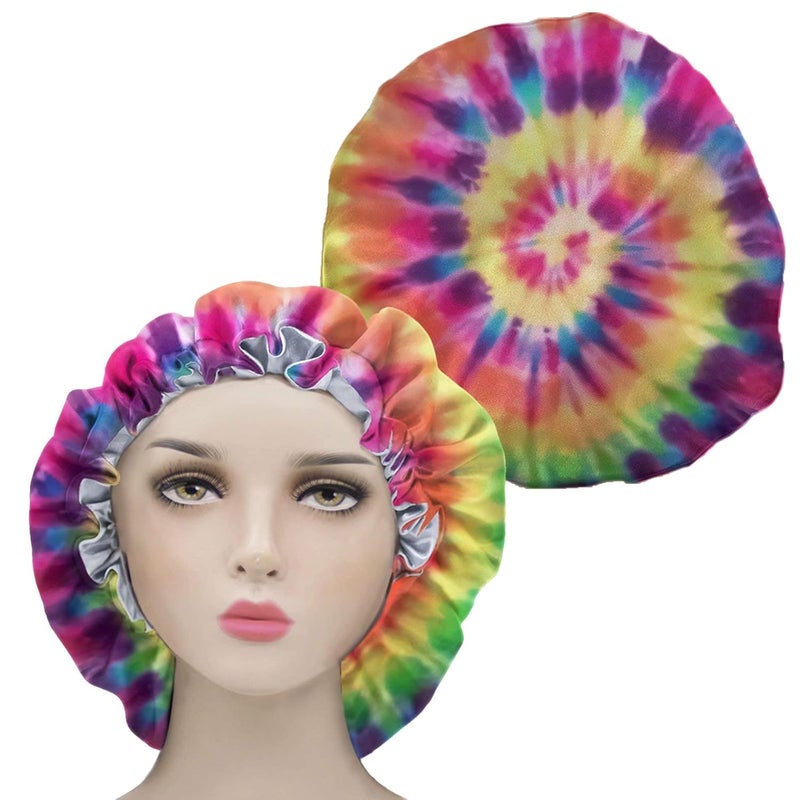 AFPANQZ Rainbow Tie Dye Satin Bonnet Sleep Cap Double Layer Draw String Adjustable Satin Cap for Sleeping Hair Bonnet Night Cap Salon Sleep Bonnet Cap for Women Teens Colorful