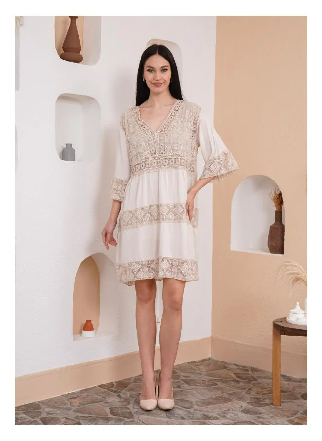 Hoxton Gal Lace Detail V-Neck Mini Dress with 3/4 Sleeves in Beige