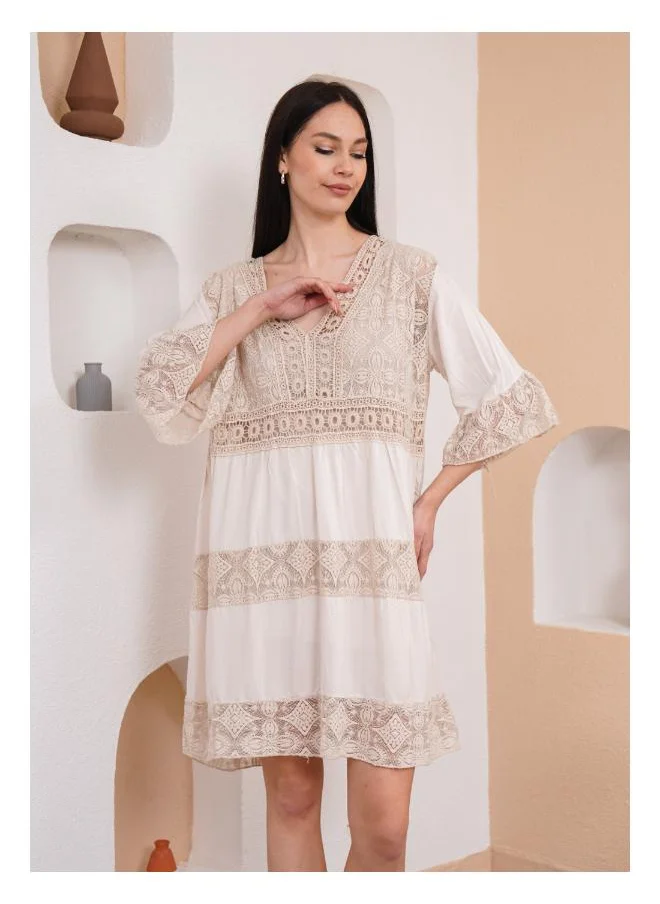 Hoxton Gal Lace Detail V-Neck Mini Dress with 3/4 Sleeves in Beige
