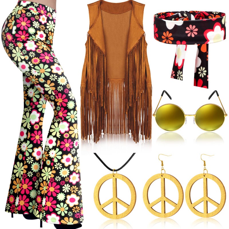 Haull 7 Pcs 60s 70s Outfits for Women Hippie Costume Set Boho Flared Pants Fringe Vest Peace Sign Accessories Set FlowerLarge
