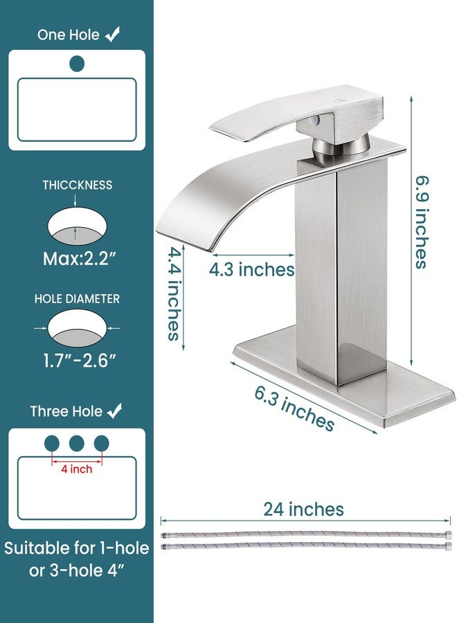 LUFG Bathroom Faucets Brushed Nickel Waterfall Bathroom Sink Faucet Modern Single Handle Bathroom Faucet for 1 or 3 Hole Mxier Tap Washbasin Faucet with Deck, Pop-up Drain and Supply Hoses - Image 4