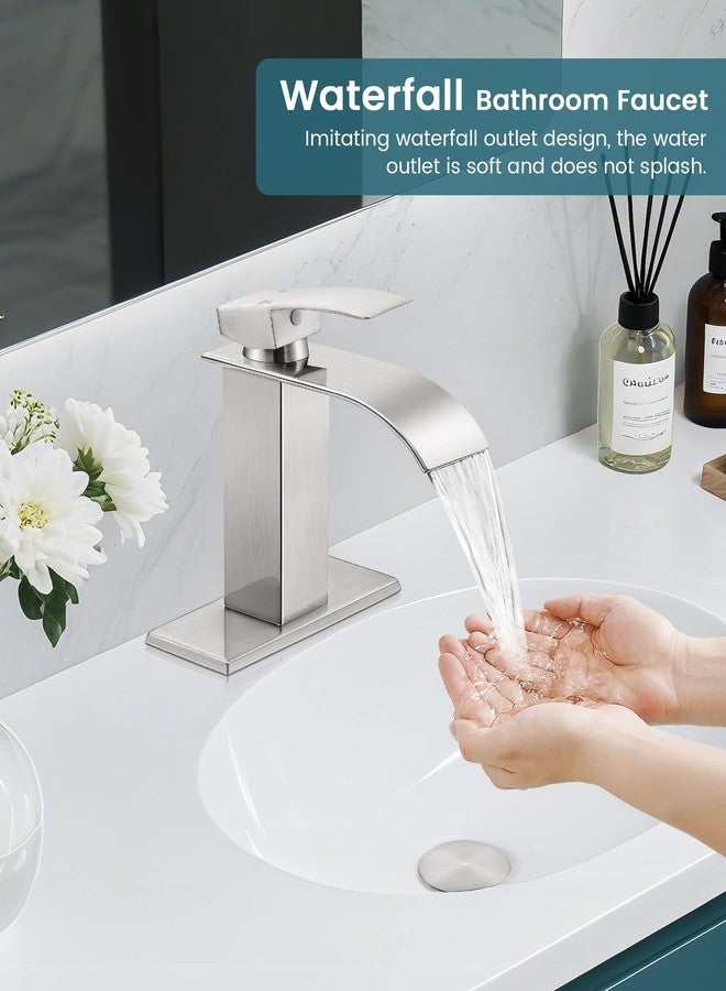 LUFG Bathroom Faucets Brushed Nickel Waterfall Bathroom Sink Faucet Modern Single Handle Bathroom Faucet for 1 or 3 Hole Mxier Tap Washbasin Faucet with Deck, Pop-up Drain and Supply Hoses - Image 2