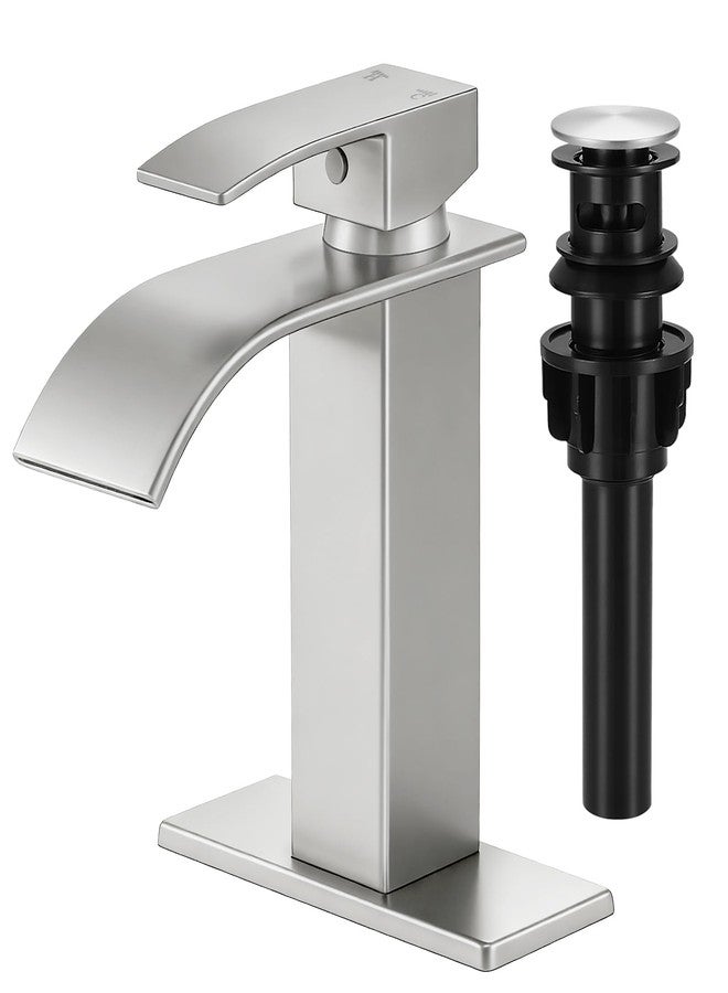 LUFG Bathroom Faucets Brushed Nickel Waterfall Bathroom Sink Faucet Modern Single Handle Bathroom Faucet for 1 or 3 Hole Mxier Tap Washbasin Faucet with Deck, Pop-up Drain and Supply Hoses - Image 1