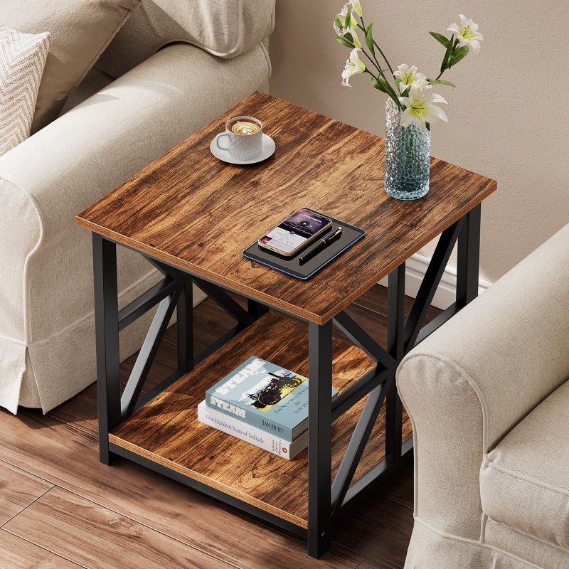 GreenForest End Table with 2-Tier Storage Shelf, 24 inch Large Side Table for Living Room, Modern Nightstand for Bedroom Bedside Office Farmhouse, Walnut - Image 3