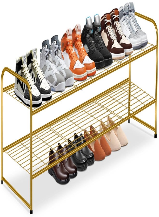 KEETDY 2-Tier Long Shoe Rack for Closet Entryway Shoe Organizer for 18 Pairs Sneakers, Metal Stackable Shoe Storage Shelf with Wire Grid for Bedroom, Floor, Gold - Image 1