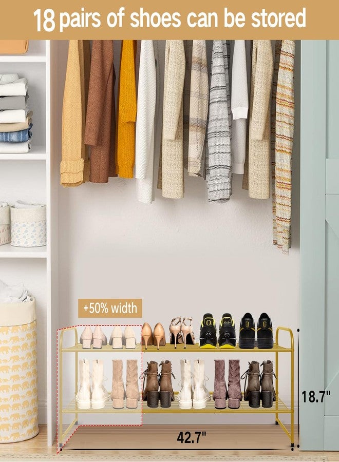 KEETDY 2-Tier Long Shoe Rack for Closet Entryway Shoe Organizer for 18 Pairs Sneakers, Metal Stackable Shoe Storage Shelf with Wire Grid for Bedroom, Floor, Gold - Image 2