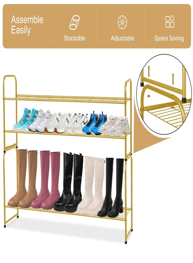 KEETDY 2-Tier Long Shoe Rack for Closet Entryway Shoe Organizer for 18 Pairs Sneakers, Metal Stackable Shoe Storage Shelf with Wire Grid for Bedroom, Floor, Gold - Image 5
