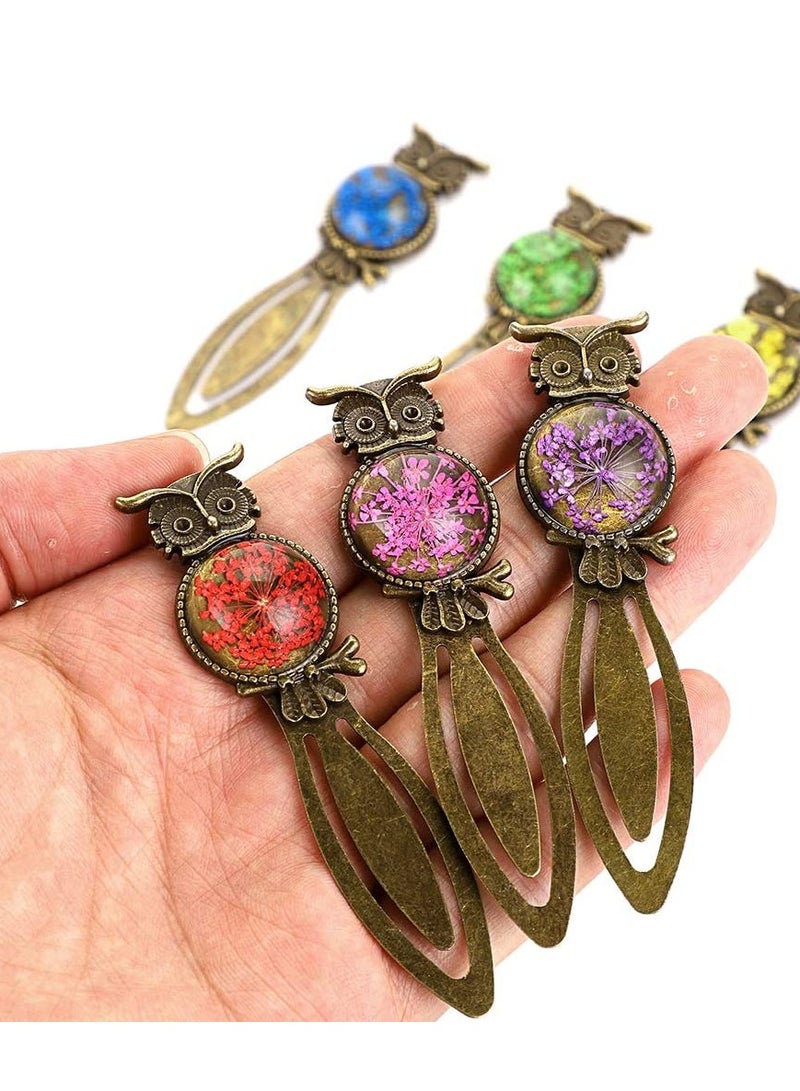 Elegant Vintage Owl Metal Bookmarks with Dried Flowers, 6PCS Colorful Bookmarks for Kids' Birthday Party Favors, Students, and Teachers - Image 4