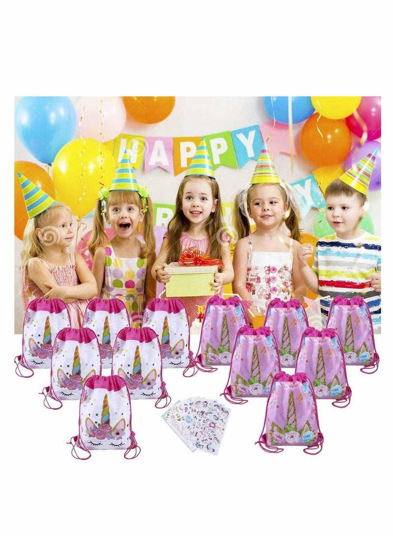 SOLARAE 12 Pack Unicorn Drawstring Party Bags with 6 Unicorn Stickers, Unicorn Drawstring Backpacks Party Favor Bags Supplies for Kids Birthday Party Baby Shower - Image 3