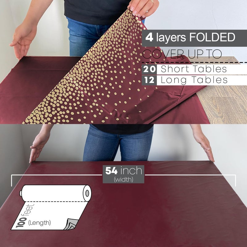 Neatiffy Disposable Plastic Table Cloth Roll with Slide Cutter | Waterproof Cover for Rectangle, Square, Oval Tables | Picnic, Party, Banquet, Birthdays, Weddings - Burgundy Gold Dots - Image 3
