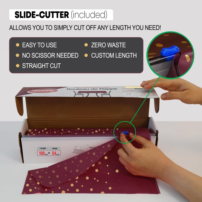 Neatiffy Disposable Plastic Table Cloth Roll with Slide Cutter | Waterproof Cover for Rectangle, Square, Oval Tables | Picnic, Party, Banquet, Birthdays, Weddings - Burgundy Gold Dots - Image 2