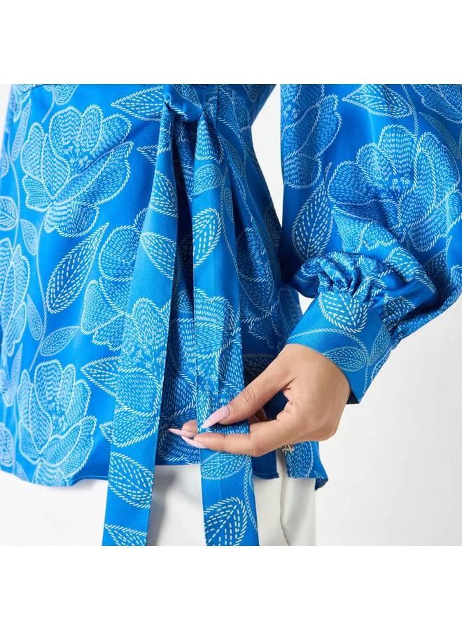 Iconic Iconic All-Over Floral Print Top with Tie-Ups and Volume Sleeves