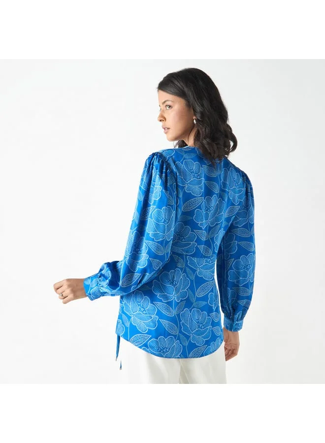 Iconic Iconic All-Over Floral Print Top with Tie-Ups and Volume Sleeves