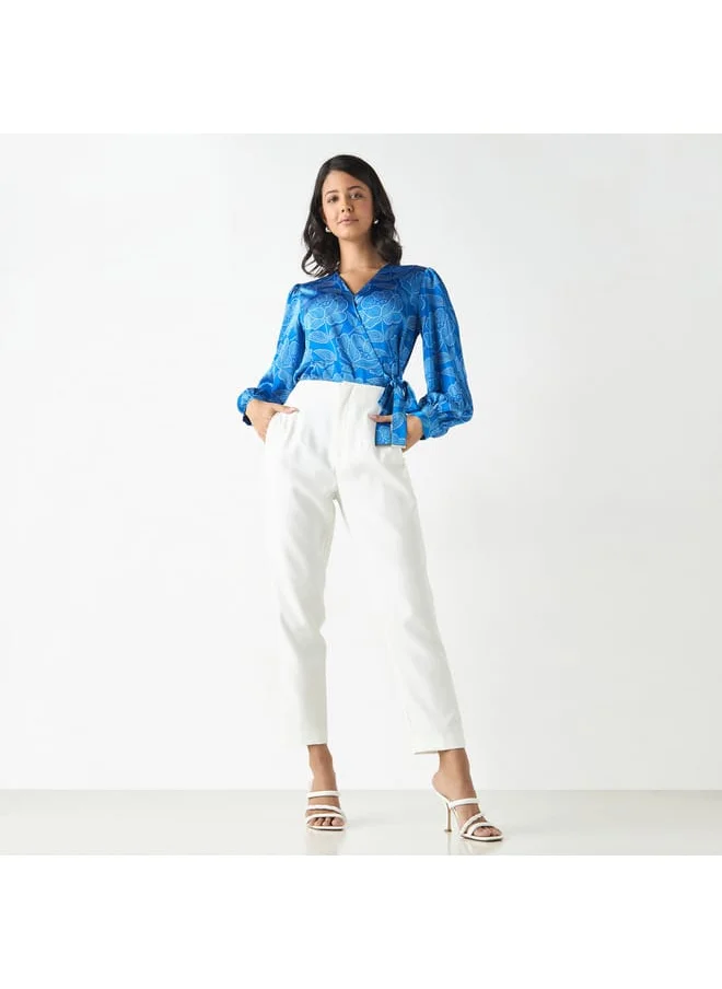 Iconic Iconic All-Over Floral Print Top with Tie-Ups and Volume Sleeves