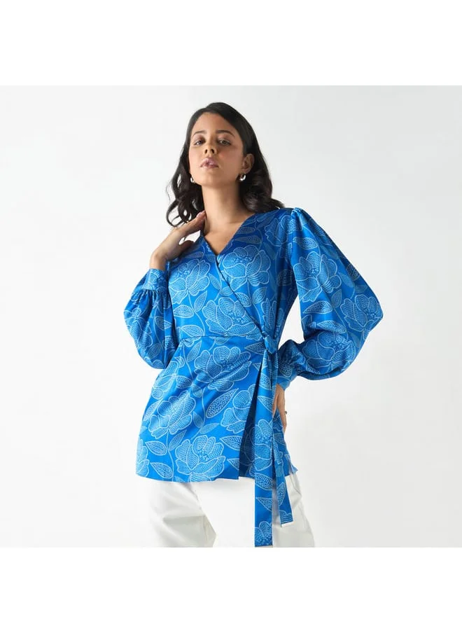 Iconic Iconic All-Over Floral Print Top with Tie-Ups and Volume Sleeves