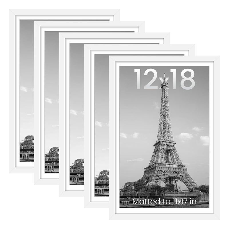 upsimples 12x18 Picture Frame Set of 5 Display Pictures 11x17 with Mat or 12 x 18 Without Wall Gallery Poster Frames White