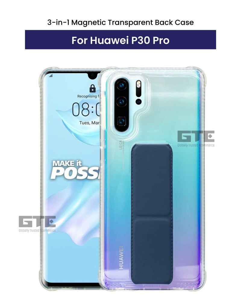 3-in-1 Magnetic Transparent Wrist Strap Hand Grip Stand Back Case Cover  for Huawei P30 Pro-Clear/Navy Blue