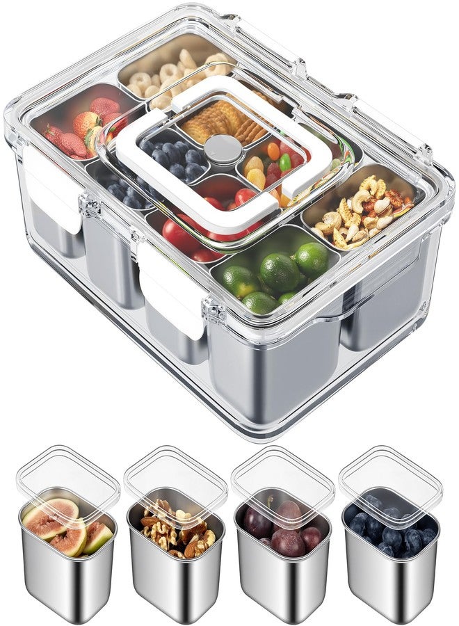 Freshmage Snackle Box Container, Stainless Steel Divided Serving Tray with Lid and Handle, 8 Compartment Portable Snack Platters - Clear Storage Organizer for Fruit Candy Nuts Veggie - Perfect for Travel Party - Image 1
