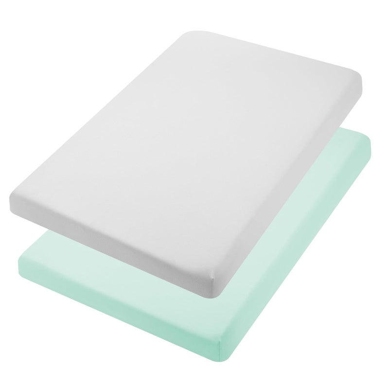 TILLYOU Mini Crib Fitted Sheets Soft Knit Sheet for Pack N Play Microfiber Mini Crib Sheets Playpen Bedding Sheet for Baby 2 Pack Machine Washable 38 x 24 Light Green Light Gray
