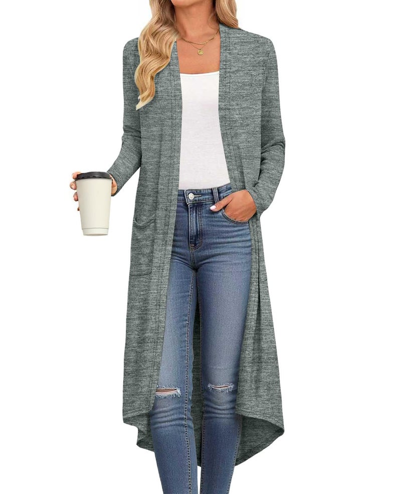DB MOON Womens Long Cardigan Fall Lightweight Long Sleeve Sweater Light Weight Winter Open Front Sweaters with Pockets L, Gray Green - Image 1