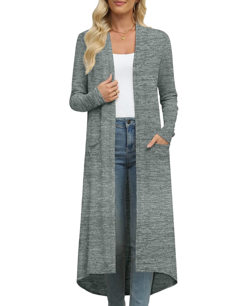 DB MOON Womens Long Cardigan Fall Lightweight Long Sleeve Sweater Light Weight Winter Open Front Sweaters with Pockets L, Gray Green - Image 2