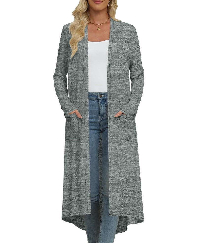 DB MOON Womens Long Cardigan Fall Lightweight Long Sleeve Sweater Light Weight Winter Open Front Sweaters with Pockets L, Gray Green - Image 3