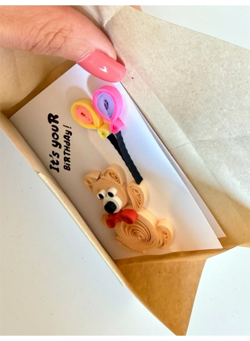 بطاقة تهنئة عيد ميلاد يدوية بتصميم دبدوب لطيف مع بالونات، هدية مثالية للأطفال والأولاد والبنات والأصدقاء والعائلة، بطاقة مميزة لاحتفالات عيد الميلاد - Image 3