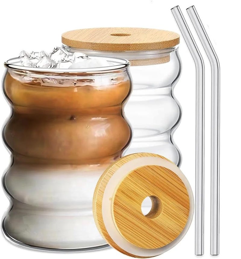 KELVEE KELVEE Wave Glass Coffee Tumbler with Bamboo Lid and Straw Pack of 1 400ml Multipurpose Drinking Glasses Travel Sipper for Juice Water Smoothies Cocktail Beer Mugs Wave - Image 1