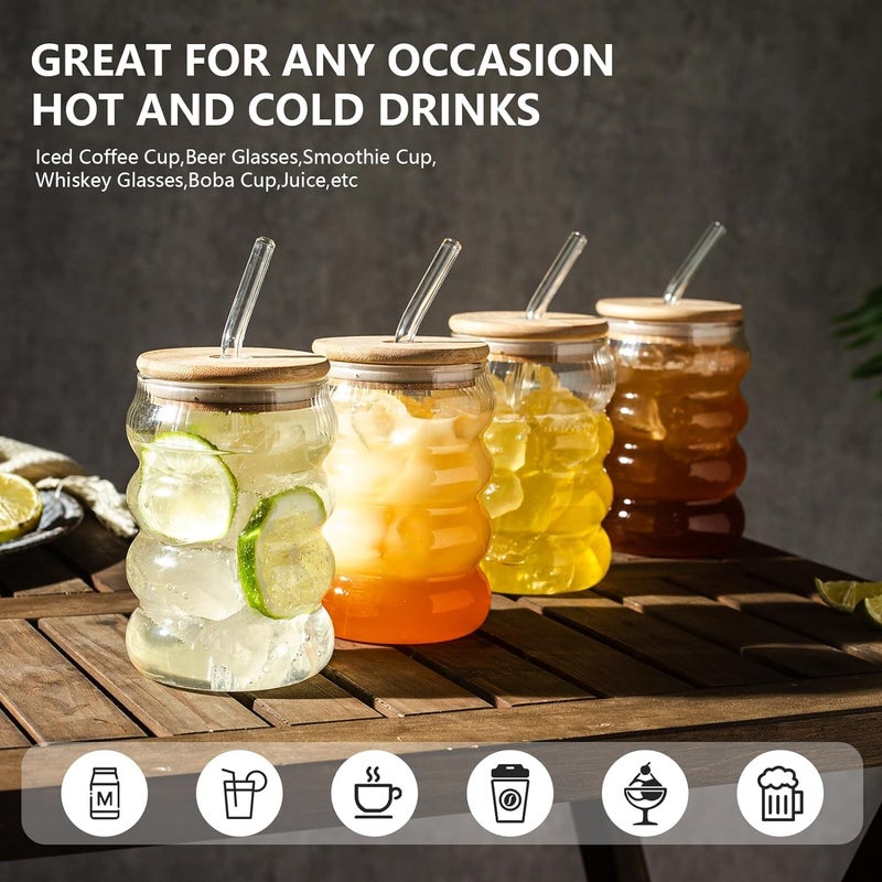 KELVEE KELVEE Wave Glass Coffee Tumbler with Bamboo Lid and Straw Pack of 1 400ml Multipurpose Drinking Glasses Travel Sipper for Juice Water Smoothies Cocktail Beer Mugs Wave - Image 2