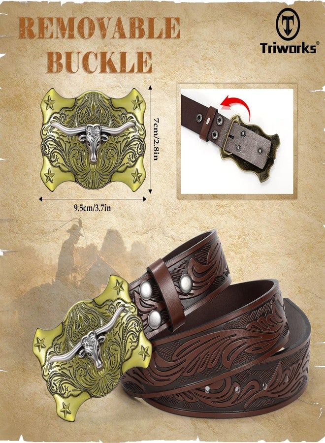 TRIWORKS Men Western Leather Belt Cowboy Buckle Belt Floral Embossed Tooled Country Belt for Jeans - Image 5