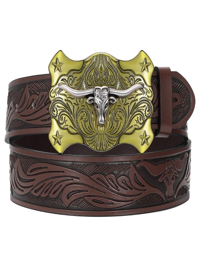TRIWORKS Men Western Leather Belt Cowboy Buckle Belt Floral Embossed Tooled Country Belt for Jeans - Image 1