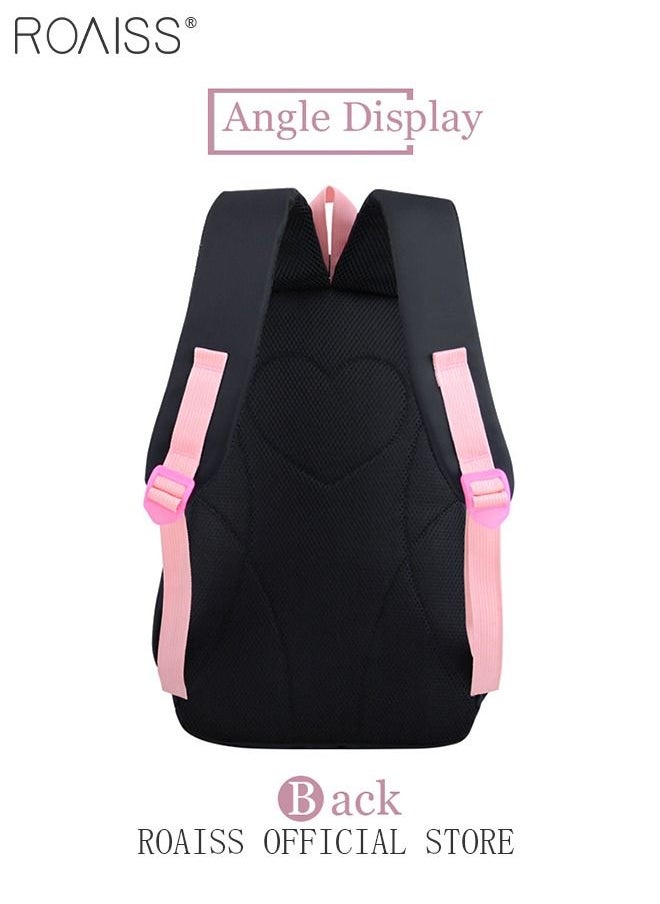 roaiss - 3pcs Heart and Bowknot Printed Graphic Cute Functional Backpack Set Schoolbag and Shoulder Bag and Pencil Case with Doll Pendant for Kids Girls - Image 1