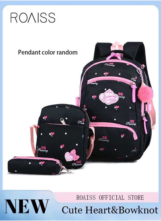 roaiss - 3pcs Heart and Bowknot Printed Graphic Cute Functional Backpack Set Schoolbag and Shoulder Bag and Pencil Case with Doll Pendant for Kids Girls - Image 1