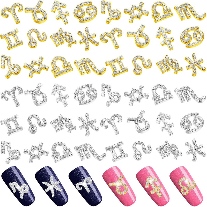 Leelosp 48 Pcs Zodiac Sign Nail Charms Zodiac 3D Rhinestone Jewelry Art Nail Charms DIY Horoscope for Jewelry Making Necklace Bracelet Earrings Crafts Supplies(Gold, Silver) 