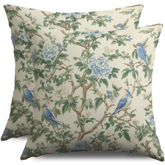 BLUE GREEN CHINOISERIE FLORAL PILLOW COVERS 18X18 SET OF 2 FLOWER BIRD PATTERN SAGE DECORATIVE THROW PILLOW COVERS OUTDOOR VINTAGE FARMHOUSE CUSHION CASES COUCH SOFA BED DECOR