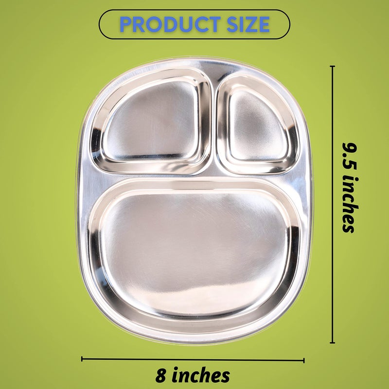 WG inc Stainless Steel compartment Plates - Three sections divided Dinner Plates - 3 in 1 Portion Control  Snacks  Camping  Traveling Kids Babies Toddlers Trays - Dishwasher Safe (Set of 2) - Image 2