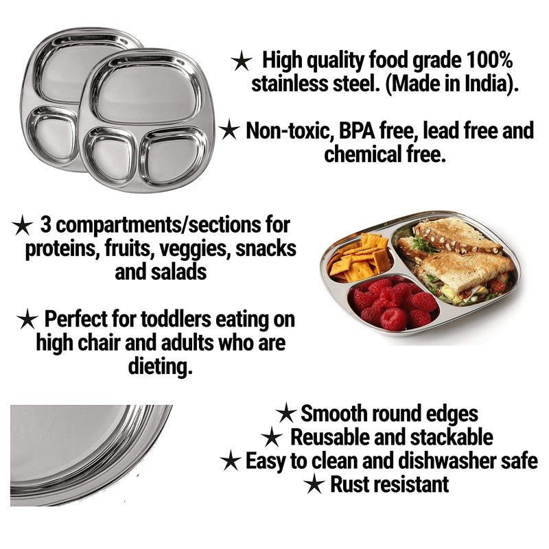 WG inc Stainless Steel compartment Plates - Three sections divided Dinner Plates - 3 in 1 Portion Control  Snacks  Camping  Traveling Kids Babies Toddlers Trays - Dishwasher Safe (Set of 2) - Image 4
