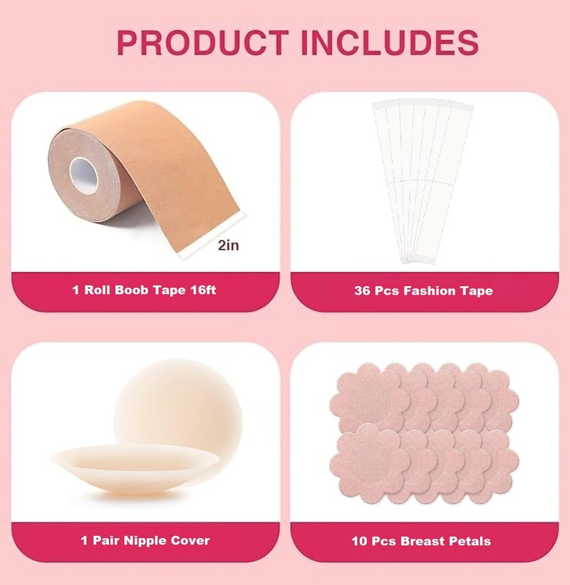 SNMMIFER Boob Tape Kit - Instant Boob Tape with 10 Nipple Pasties for Fashion with 36 Strips Double Sided Tape for Clothes &1 Pair Reusable Nipple Cover for Women (Beige) - Image 3
