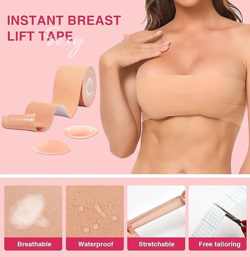 SNMMIFER Boob Tape Kit - Instant Boob Tape with 10 Nipple Pasties for Fashion with 36 Strips Double Sided Tape for Clothes &1 Pair Reusable Nipple Cover for Women (Beige) - Image 2