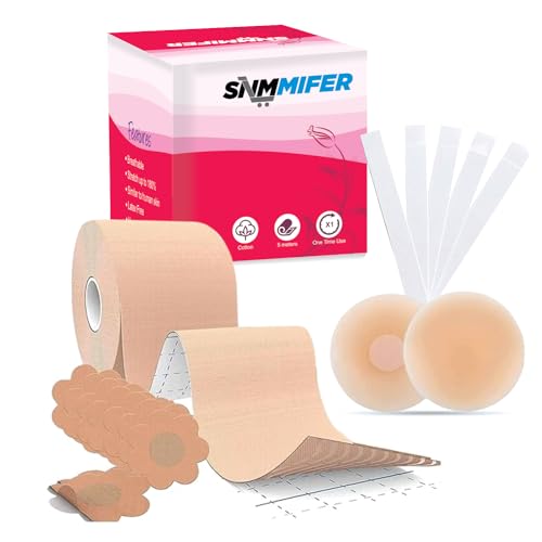 SNMMIFER Boob Tape Kit - Instant Boob Tape with 10 Nipple Pasties for Fashion with 36 Strips Double Sided Tape for Clothes &1 Pair Reusable Nipple Cover for Women (Beige) - Image 1