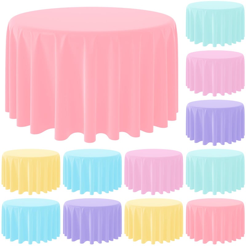MASHAN 12Pack 84 Inch Round Pastel Color Tablecloths,Plastic Pastel Rainbow Tablecloth Disposable Round Table Covers for Baby Shower, Easter,Wedding, Birthday and Ice Cream Party Decoration,6Color - Image 1