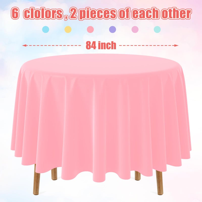 MASHAN 12Pack 84 Inch Round Pastel Color Tablecloths,Plastic Pastel Rainbow Tablecloth Disposable Round Table Covers for Baby Shower, Easter,Wedding, Birthday and Ice Cream Party Decoration,6Color - Image 2