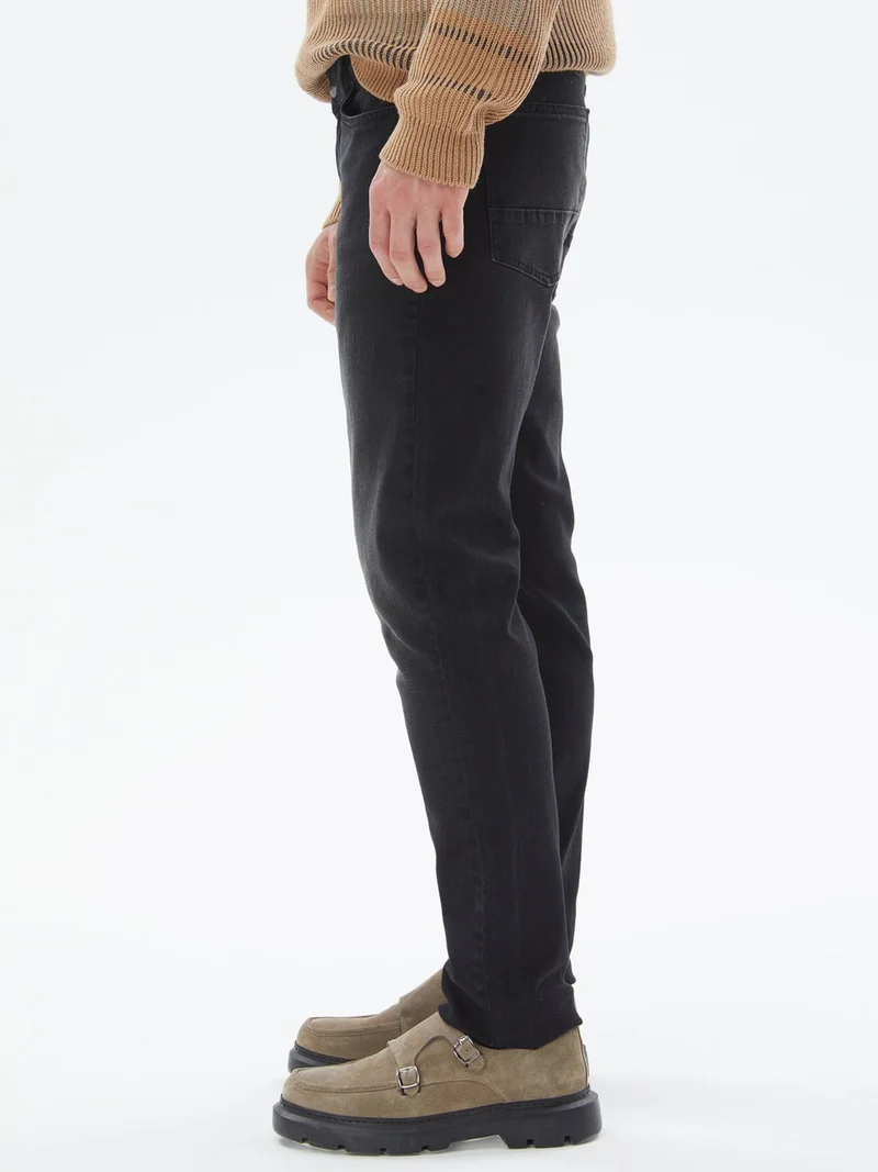 Kip Black Slim Fit Denim Cotton Blend Trousers