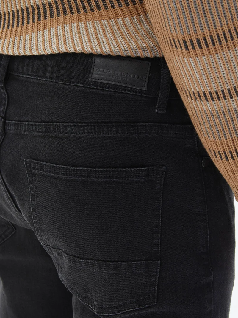 Kip Black Slim Fit Denim Cotton Blend Trousers