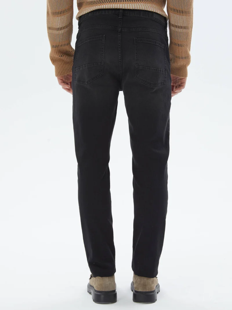 Kip Black Slim Fit Denim Cotton Blend Trousers