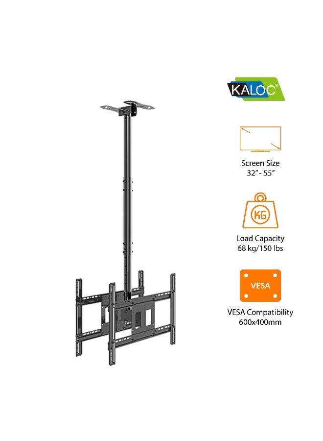 KALOC Double Panel Ceiling TV Mount for 32"–55" LCD/LED/Plasma TVs, 68 kg Load Capacity, VESA 200x200 to 600x400mm, Tilting & Swiveling, Heavy-Duty Dual Screen Ceiling Bracket – Black | KLC-T270 - Image 2